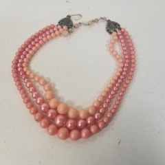 Vintage Mid-century 3 Strand Pink Beaded Necklace Hook Japan Multi-Strand Choker