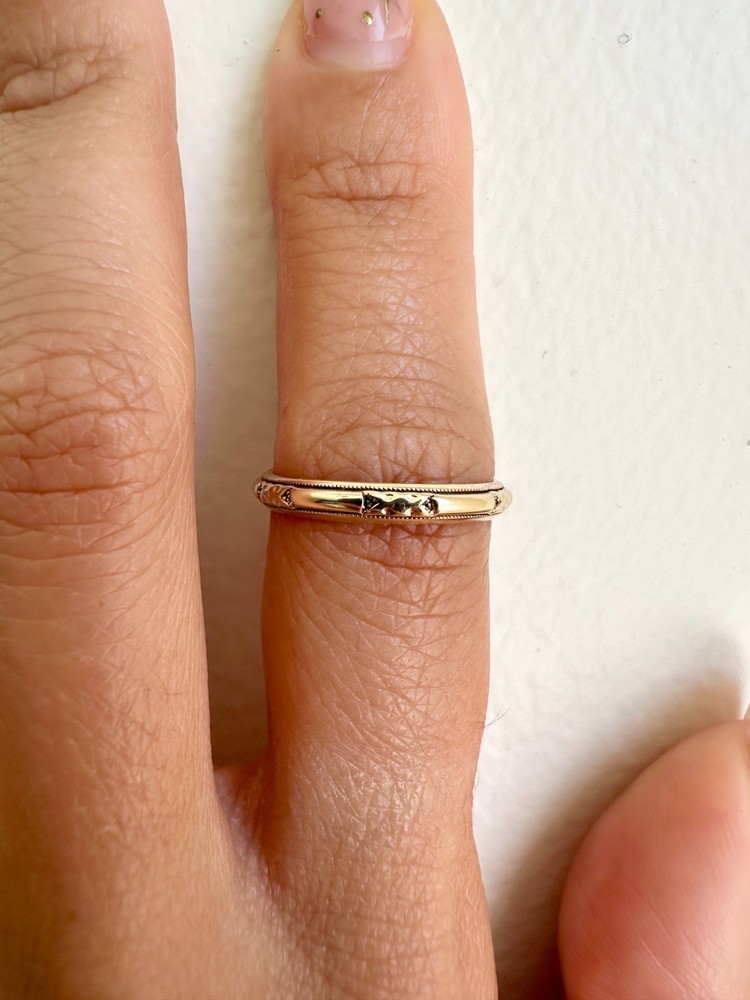 Art Deco 14K Yellow Gold Engraved Milgrain Wedding Band | Vintage Stacker Ring |