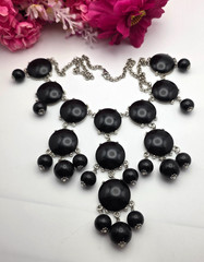 Vintage Black Cabochon Statement Necklace Silver Tone Bib Dangle 26 In Bold Y2K
