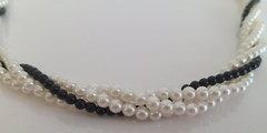 Vintage White & Black Faux Pearl Twisted 4 Strands Necklace 20″