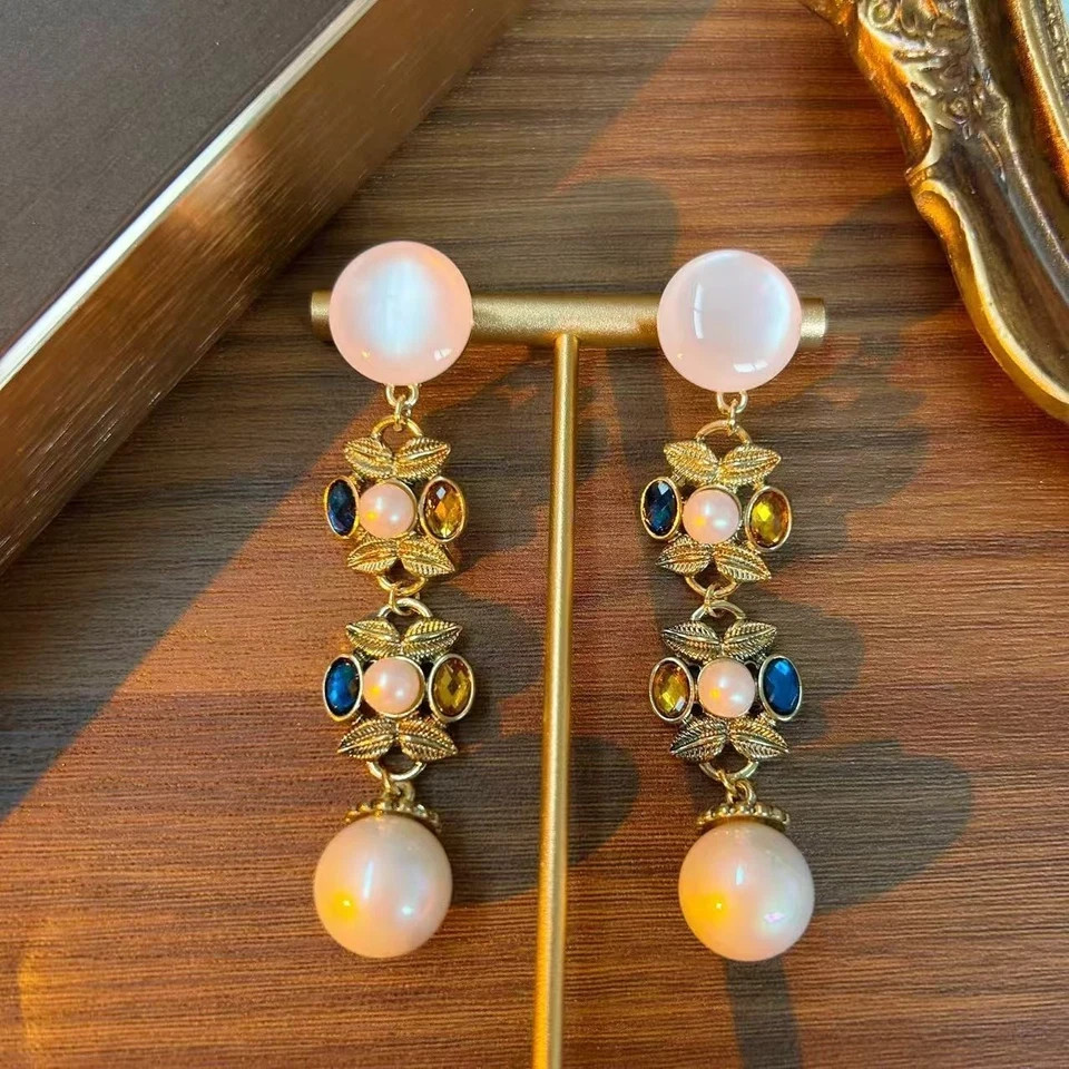 Vintage European Pearl Drop Earrings, Rhinestone Gold Tone Victorian Jewelry
