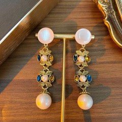 Vintage European Pearl Drop Earrings, Rhinestone Gold Tone Victorian Jewelry