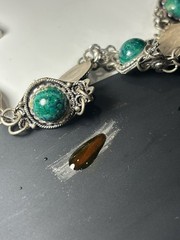 Vtg Israel Sterling Silver Eilat Style Green Matrix Stone Panel Link Bracelet **