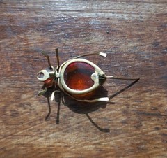 Vintage Russian USSR Baltic Amber Ant Bug Brooch Pin Gold Tone Spider Signed