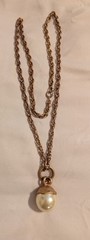 Vintage Long Gold Tone Chain, Drop Faux Pearl Pendant