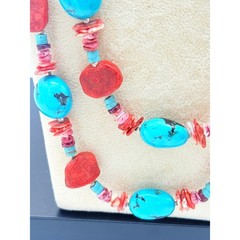 Turquoise & Sponge Coral Necklace, Double Strand, 925 Clasp, 1990s–2000s
