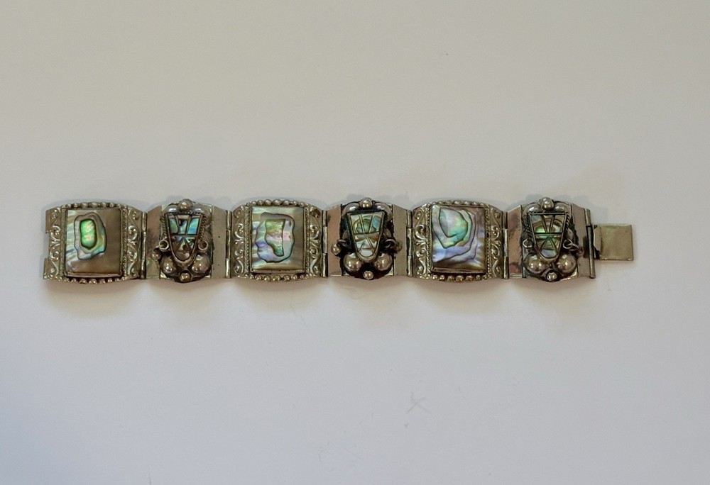 Vintage Taxco Mexico Sterling Silver Abalone Bracelet JPR Eagle Mark 51.2g