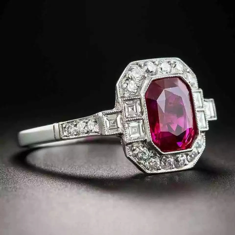 2Ct Art Deco Style Ruby And Lab-Created Diamond Halo Ring 925 Silver Anniversary