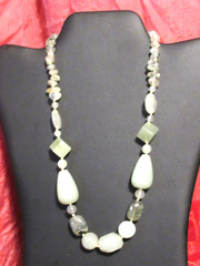 Natural Prehnite Gemstone beads w/Lt Grn Jadite strung & Knotted Necklace 19″ L