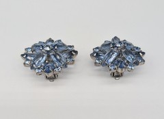 Blue Navette Rhinestone Bar Brooch And Clip On Earrings Open Back