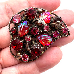 Vintage AUSTRIAN Pink and Red HEART BROOCH – Star – Carved AB Stones – 2 inches