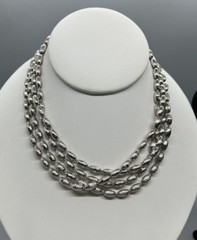 Metallic Oval Textured Beaded Necklace Vintage Silver Tone Opera 54 in