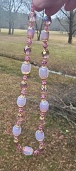 SALE! VINTAGE FIREY OPALESCENT FOIL LILAC PINK PURPLE GLASS BEAD NECKLACE HEAVY