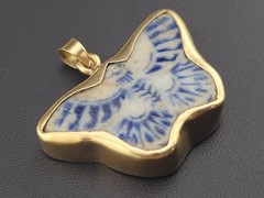 Antique Siam Blue White Porcelian Butterfly Gambling Token 14k Gold Pendant