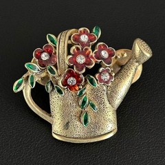 Vintage Watering Can Brooch Pin Gold Tone Red Enamel Flowers Rhinestone Garden