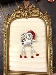 Green Eyed Christmas Cat Brooch Pin Articulated Red Cap Mittens Sparkle Enamel