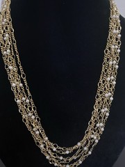 Multiple Gold tone link chain & Faux Pearl Strand Necklace 24 “