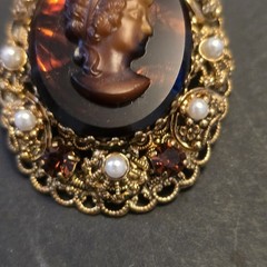 Vintage West Germany Topaz Rhinestone Cameo Filigree Pin Brooch