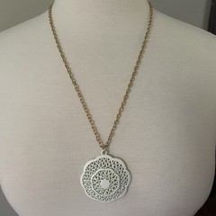 Vintage Large Round White Filigree Statement Pendant Gold Tone Necklace