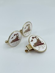 Mr Tara River boat cufflinks and tie clip set red gold white enamel 1″