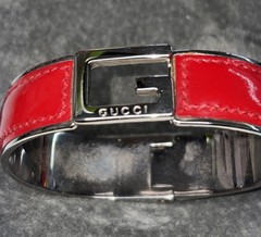 Rare GUCCI Bangle Vintage Red Leather G Logo Open Cuff Bracelet Adjustable