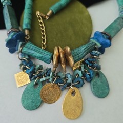 Vintage Lonnie Lovness Missing Tag Blue Gold Beads Boho Style Necklace 23″L