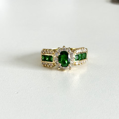 Ladies Green & Clear CZ Yellow Gold Plated Sparkly Statement Ring Size 11.25