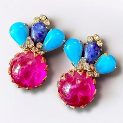 Scaasi Earrings Signed Poured Glass Clip On Pink Turquoise Vintage Statement