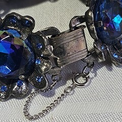 Signed Judy Lee Bracelet & Errings Blue Rhinestones Aurora Borealis Vintage