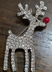 1¾” SilverTone Reindeer Brooch Faux Crystal Rudolph Horn Deer Pin Bling Red Nose