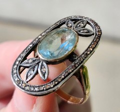 Antique Aquamarine And Rose Cut Diamond 18k And Silver Topped Ring.