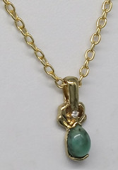 Faux Jade Green Oval Cabochon Gold Tone Pendant Chain Necklace Rhinestone Accent