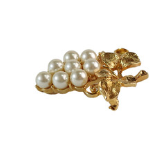 Vintage Grape Brooch Faux Pearl Lapel Pin Fruit Bunch Cluster Gold Tone