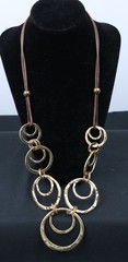 Long Gold Tone Circle Link Necklace Hammered Rings Brown Cord