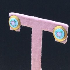 Guilloche Floral Earrings Gold Tone Teal Blue Pink Rose Painted Screw Back .5″