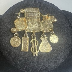 Vintage AJC Gold Tone Lucky Bags of Money Rhinestone Dangle Charms Brooch Pin