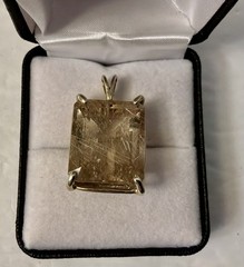 Gold Rutilated Quartz Penant Faceted Emerald Cut Four Prong Setting