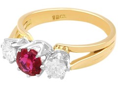 Antique and Vintage 1.29Ct Ruby and 0.60Ct Diamond 18k Yellow Gold Trilogy Ring