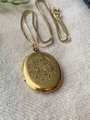 Vintage Yellow Gold Filled Picture Locket Pendant Necklace Engraved Birds