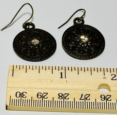 Antique Gold Tone Circle Dangle Earrings With Rhinestones 1.25in.