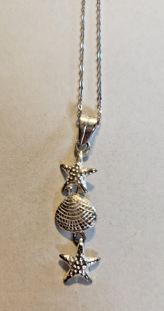 LIGHTWEIGHT STERLING SILVER STARFISH SHELL DANGLE NECKLACE W/ADJUSTABLE CHAIN