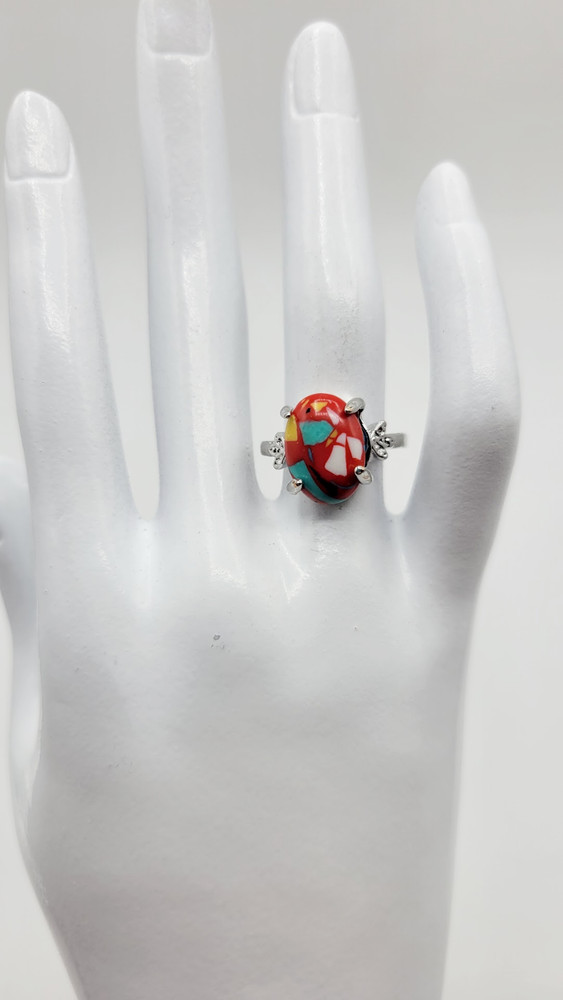 Women’s Silver Tone Oval Simulated Stone Red Multicolor Abstract Ring Size 6.5