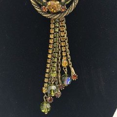 W Germany Brown Porphyry Slag Art Glass And Rhinestone Necklace & Earrings Set
