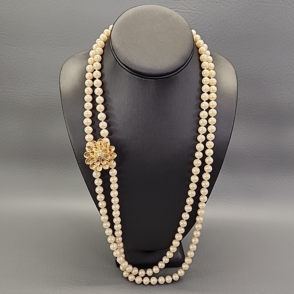 Faux Pearl Necklace Vtg Peach Beaded 8mm Knotted Dubarry Flower Clip 55″