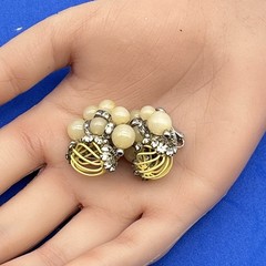 Vintage Vendome Earrings Lucite Bead Rhinestone Enamel Cage Clip Ons Signed 1″