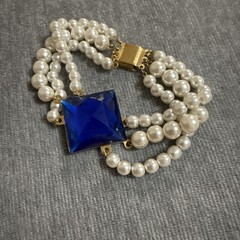 VTG 3 Strand Golden Faux Pearls Art Deco Style Blue Rhinestone Classic Elegant