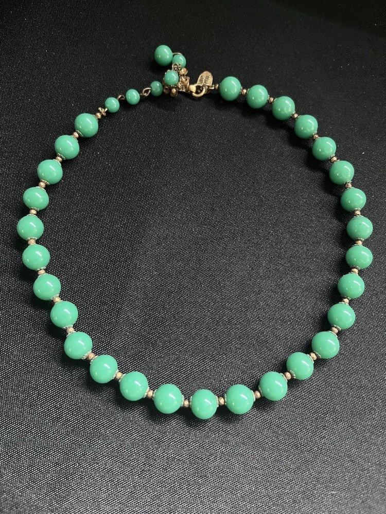 Signed Miriam Haskell Green Glass Bead Necklace Jade Look Vintage
