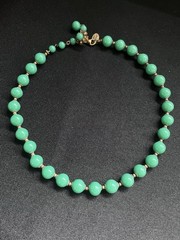 Signed Miriam Haskell Green Glass Bead Necklace Jade Look Vintage