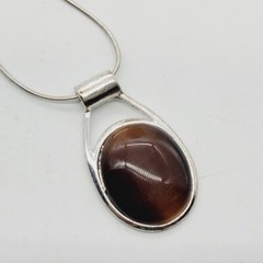 Brown CAT EYE Necklace Silver tone Sliding Pendant Snake Chain Vintage 21 in