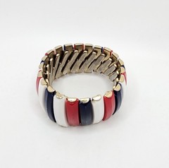 Vintage HONG KONG Red White Blue Lucite Gold Tone Expandable Accordian Bracelet